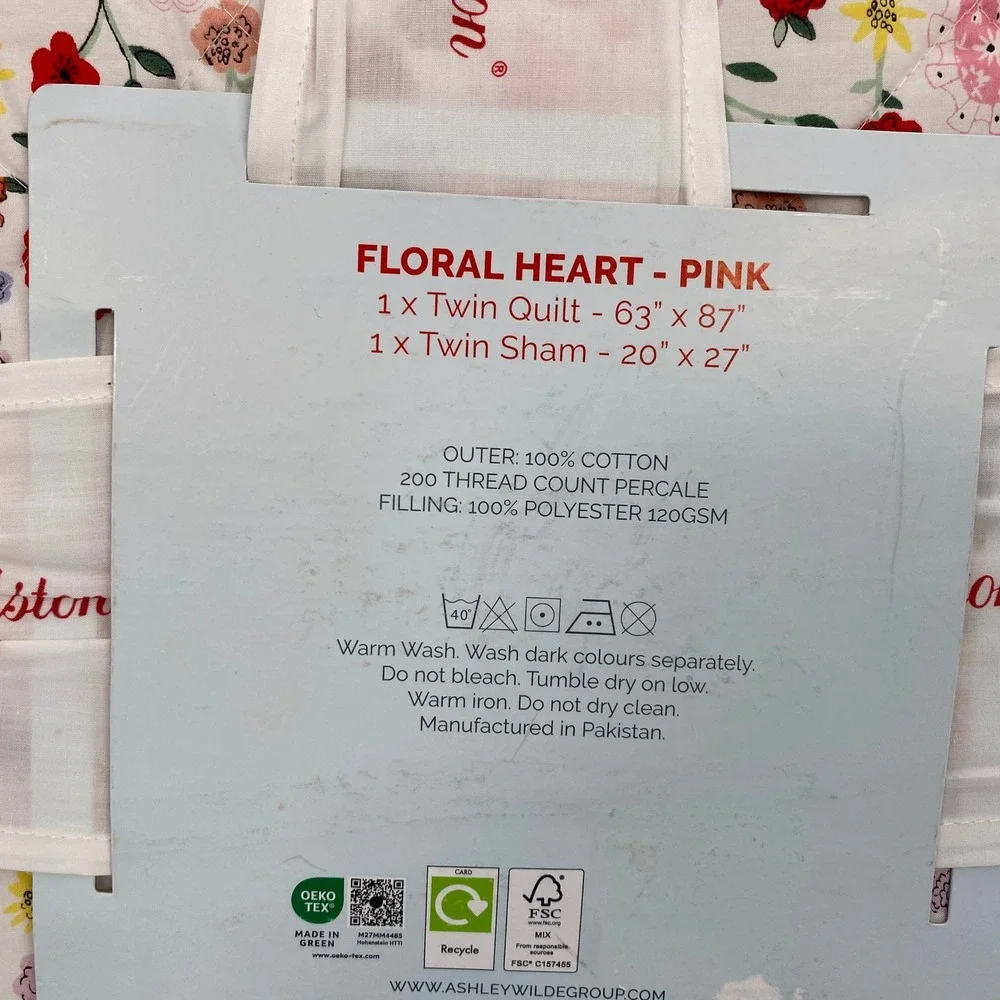 Cath Kidston Floral Heart Quilt Set Twin Pink Cotton Percale Bedding Cottagecore